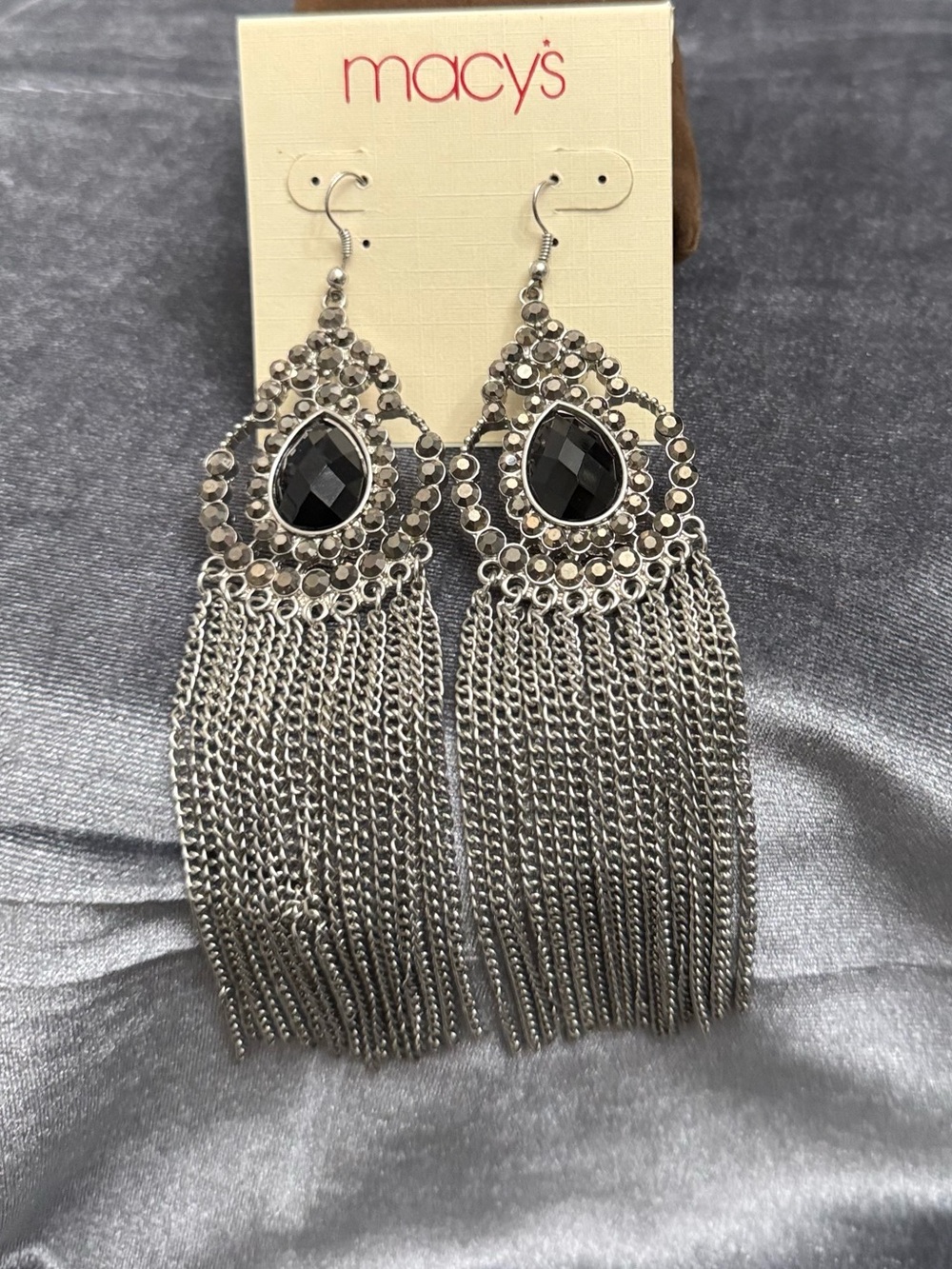 Macy's Silver-Tone Black Teardrop Fringe Earrings